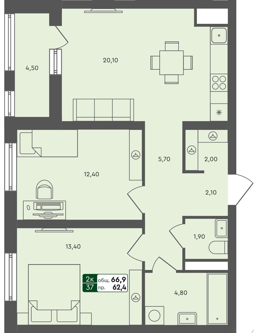 2-комн. квартира, 66.9 м², 4 из 6 этаж квартира
