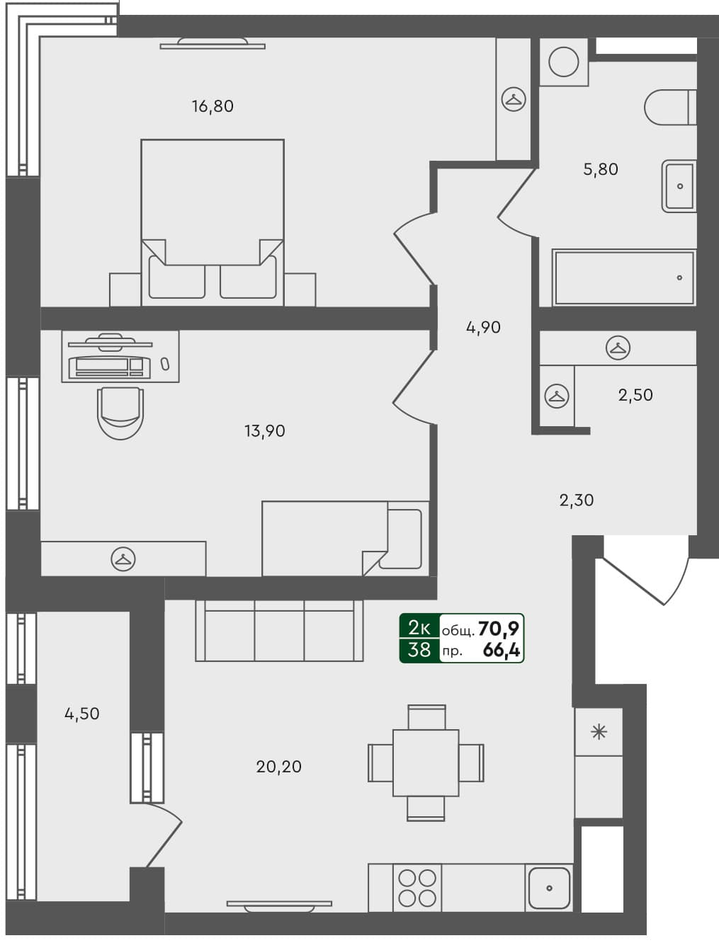 2-комн. квартира, 70.9 м², 4 из 6 этаж квартира