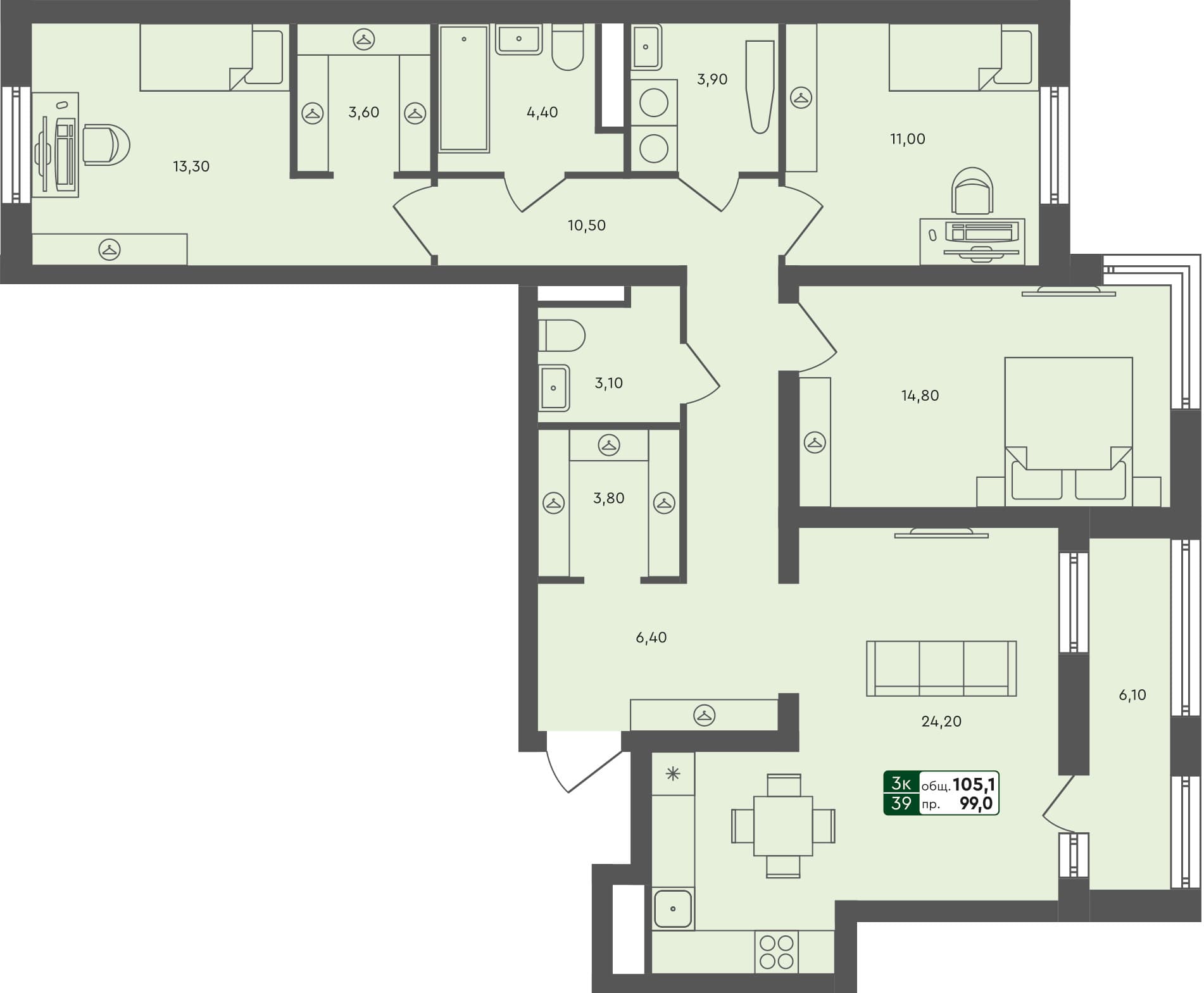 3-комн. квартира, 105.1 м², 4 из 6 этаж квартира
