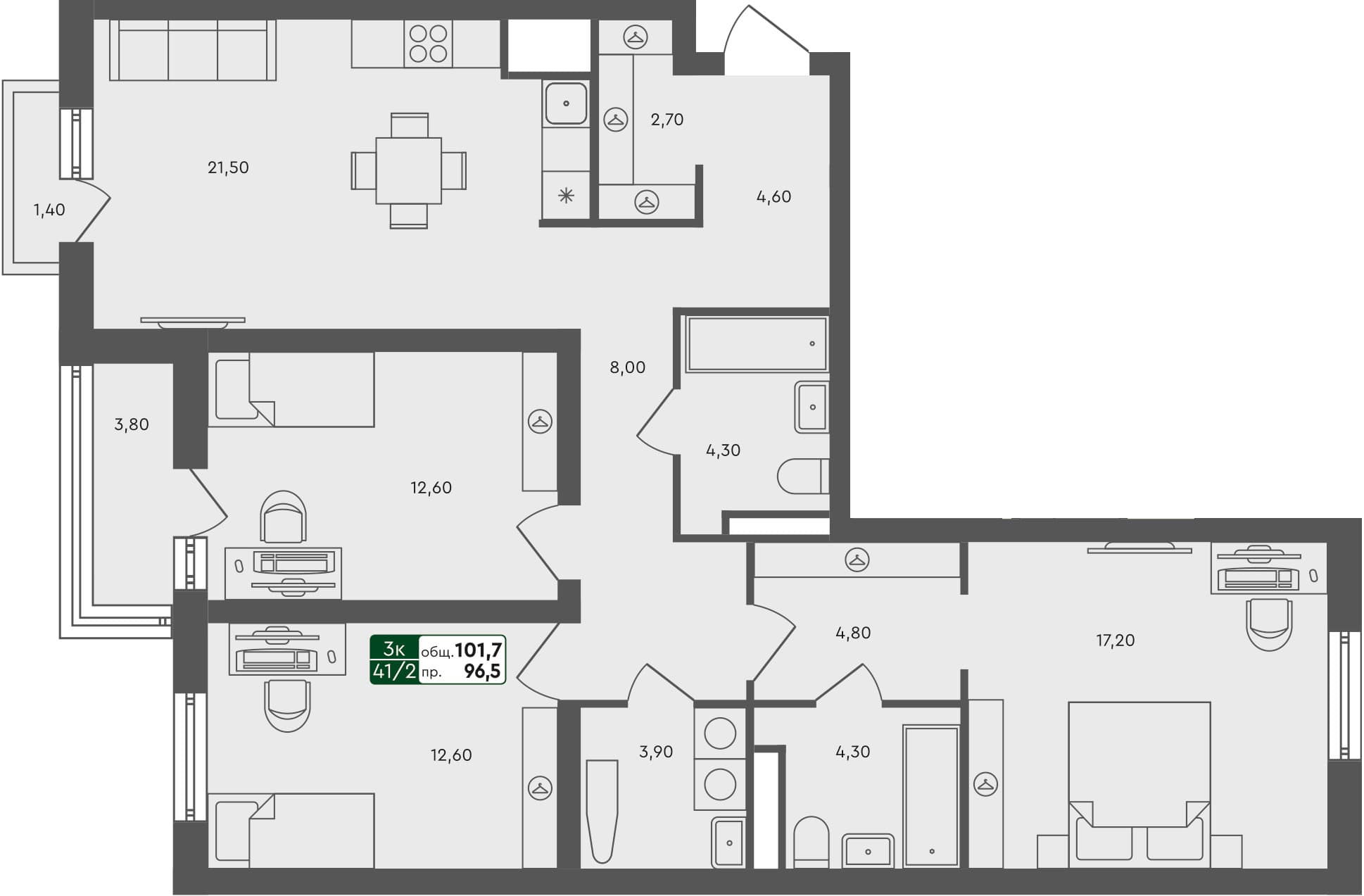 3-комн. квартира, 101.7 м², 5 из 6 этаж квартира
