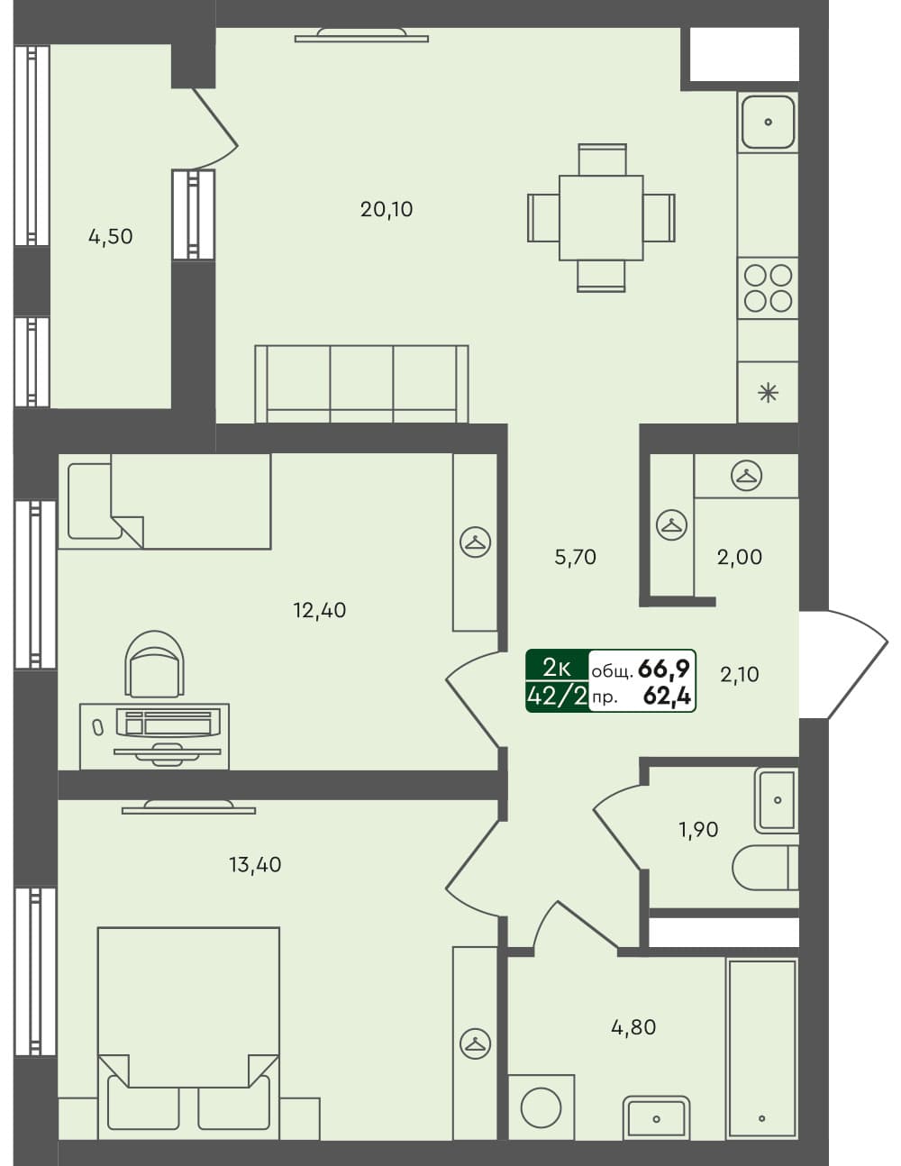 2-комн. квартира, 66.9 м², 5 из 6 этаж квартира