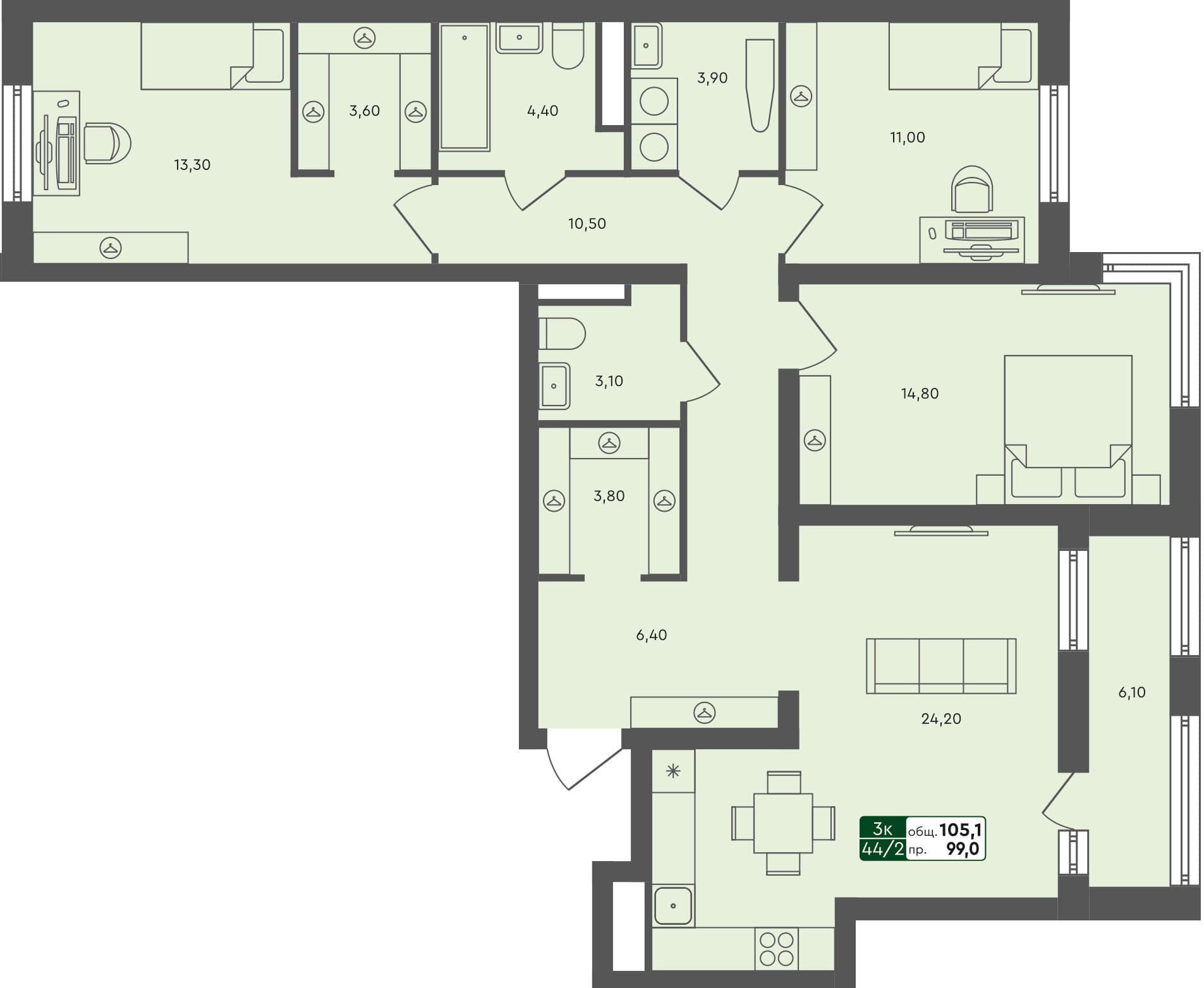 3-комн. квартира, 105.1 м², 5 из 6 этаж квартира