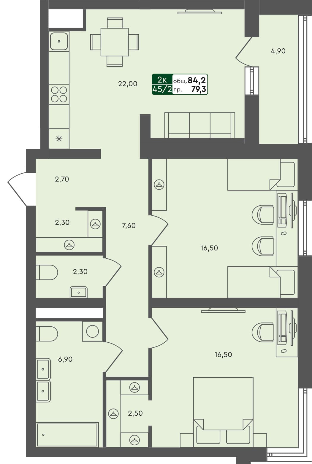 2-комн. квартира, 84.2 м², 6 из 6 этаж квартира