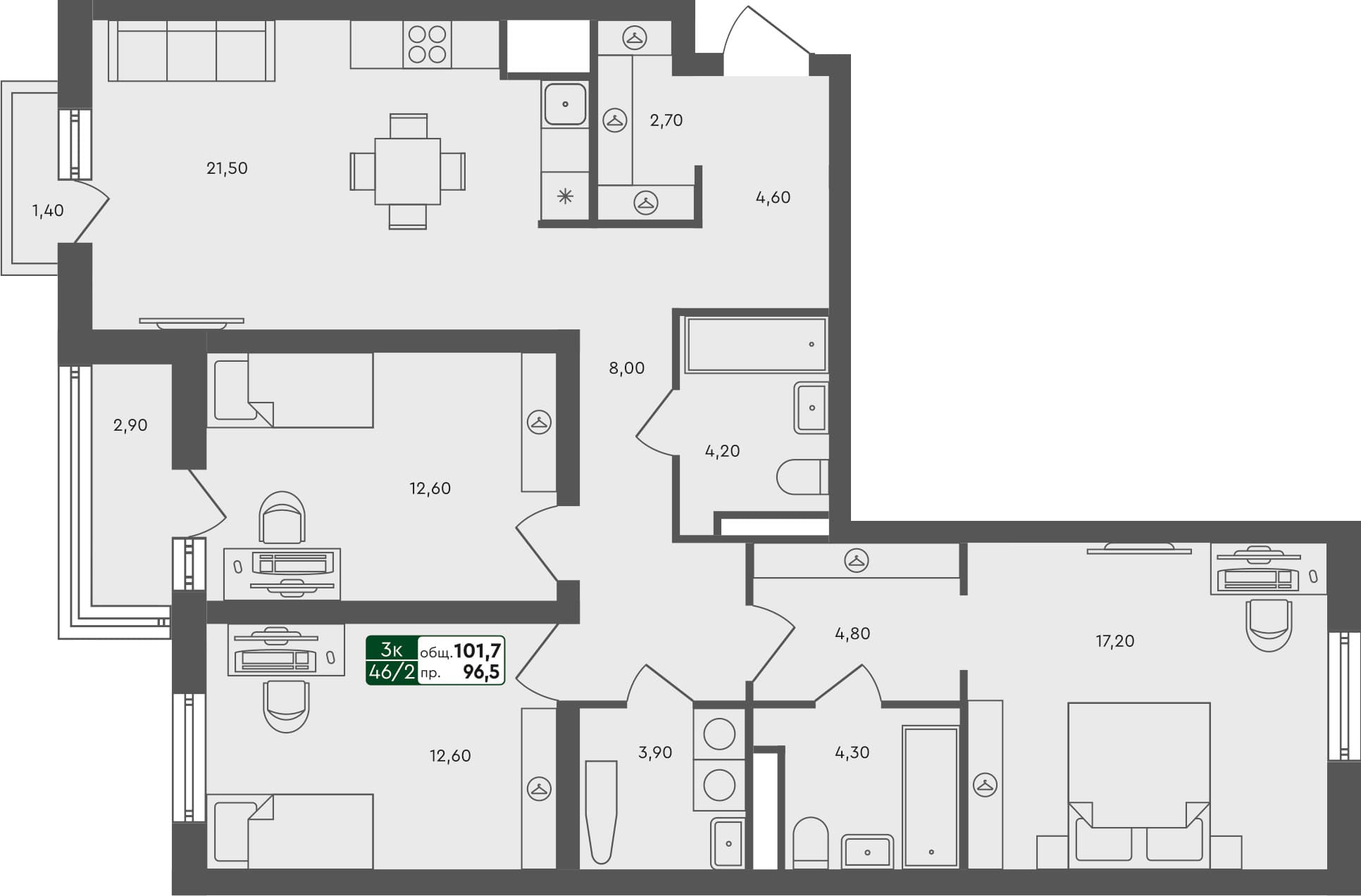 3-комн. квартира, 100.7 м², 6 из 6 этаж квартира