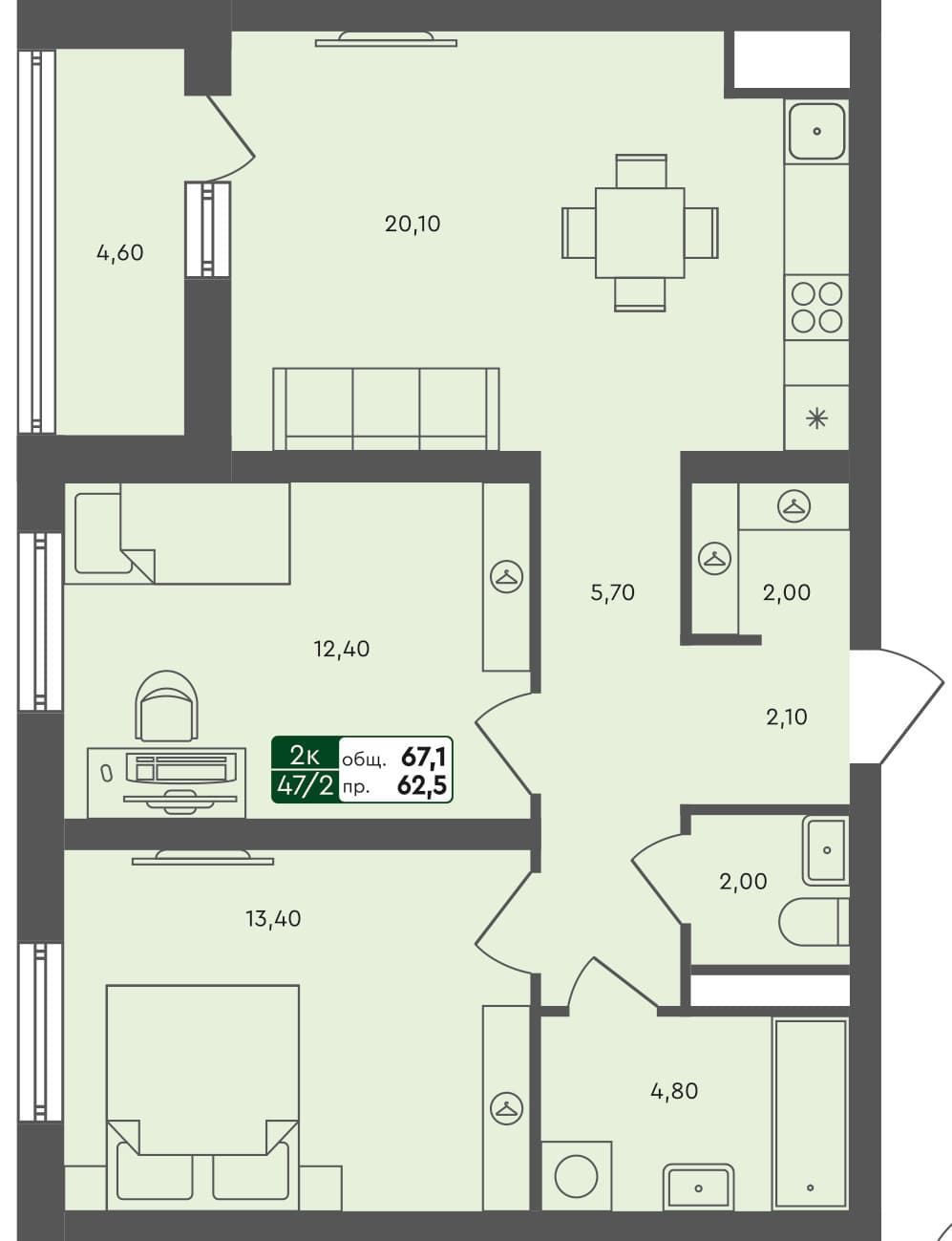 2-комн. квартира, 67.1 м², 6 из 6 этаж квартира