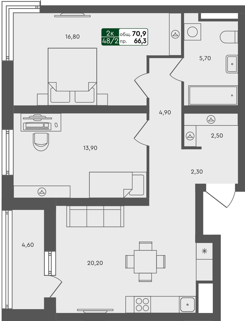 2-комн. квартира, 70.9 м², 6 из 6 этаж квартира