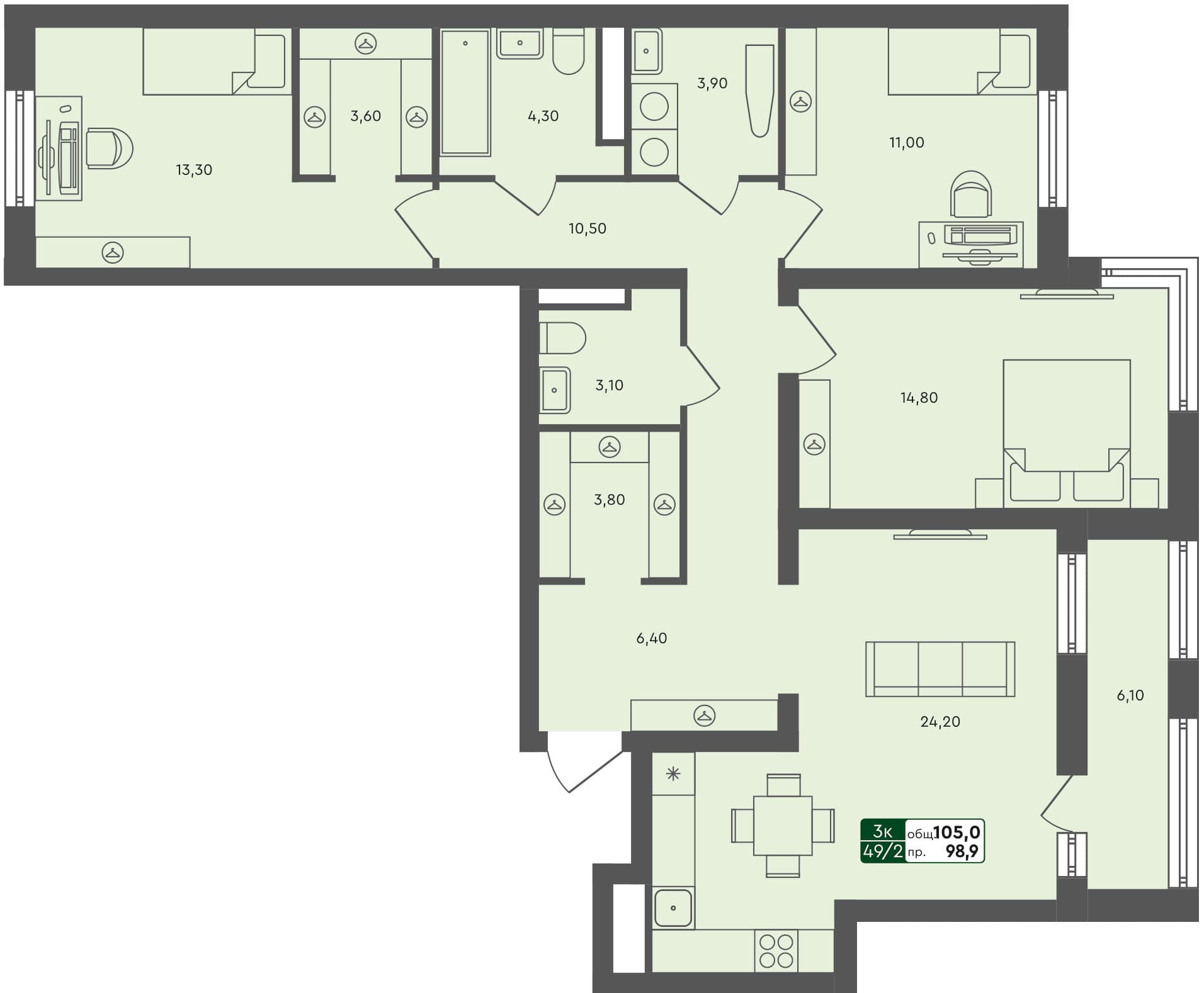 3-комн. квартира, 105 м², 6 из 6 этаж квартира