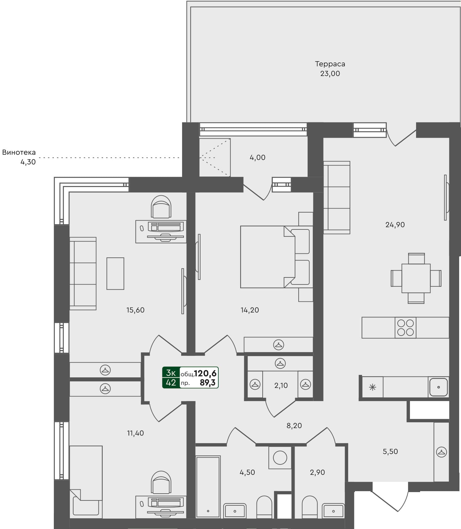 3-комн. квартира, 120.6 м², 1 из 3 этаж Планировка