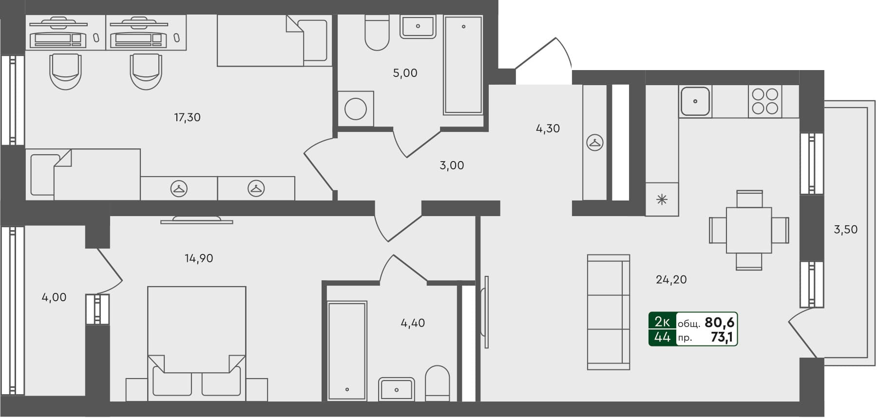 2-комн. квартира, 80.6 м², 2 из 7 этаж квартира