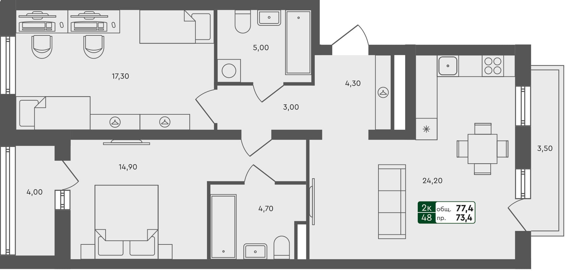 2-комн. квартира, 77.4 м², 3 из 7 этаж квартира