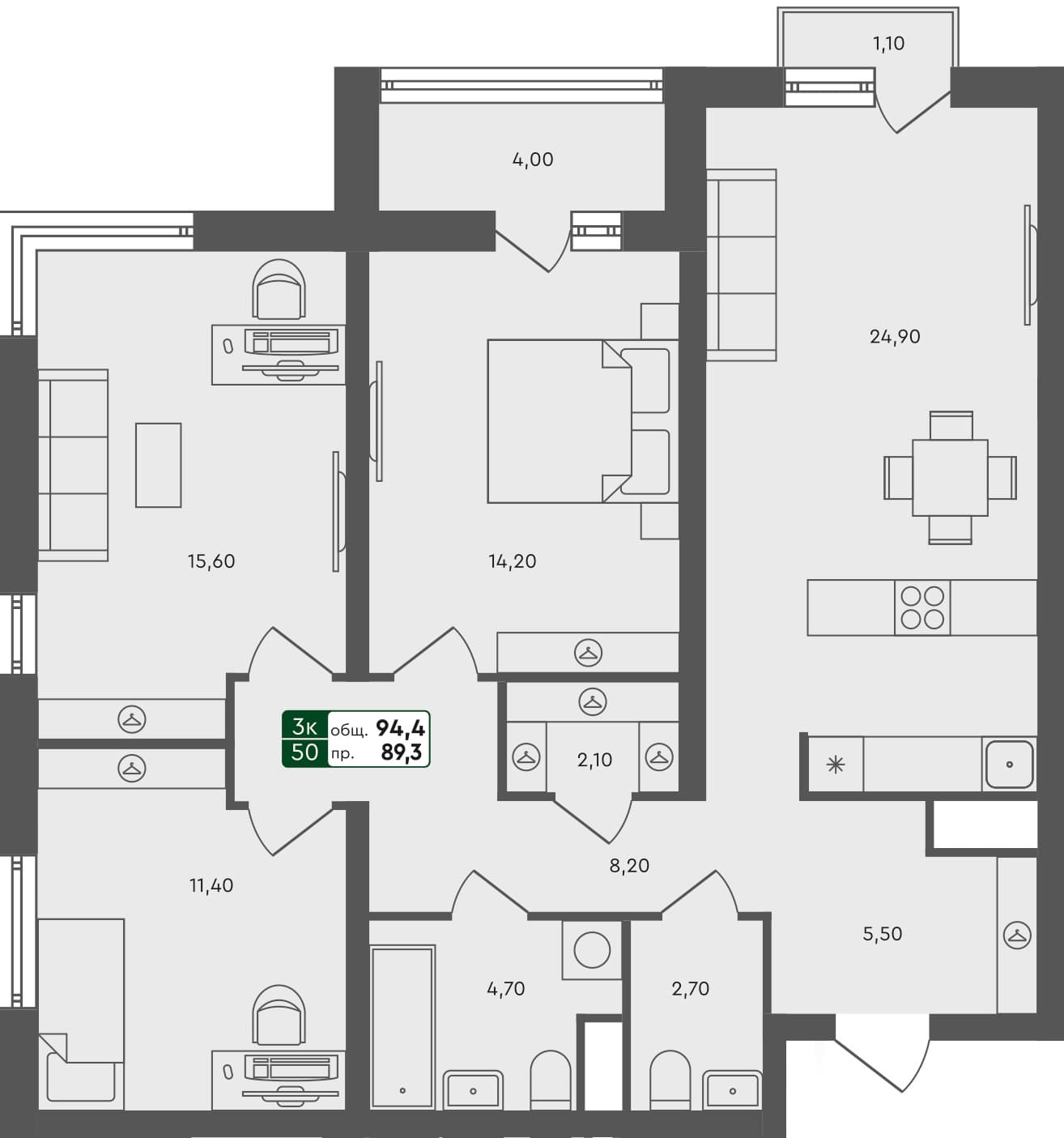 3-комн. квартира, 94.4 м², 3 из 7 этаж квартира