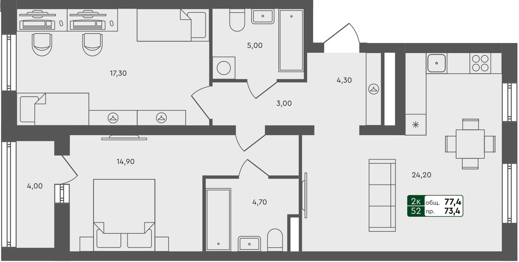 2-комн. квартира, 77.4 м², 4 из 7 этаж квартира
