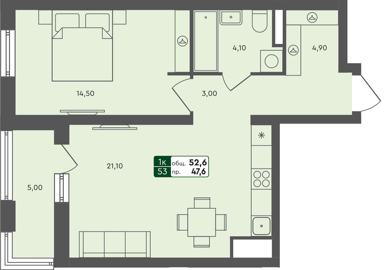 1-комн. квартира, 52.6 м², 4 из 7 этаж квартира
