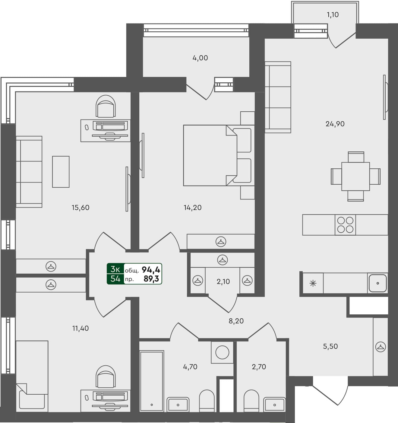 3-комн. квартира, 94.4 м², 4 из 7 этаж квартира