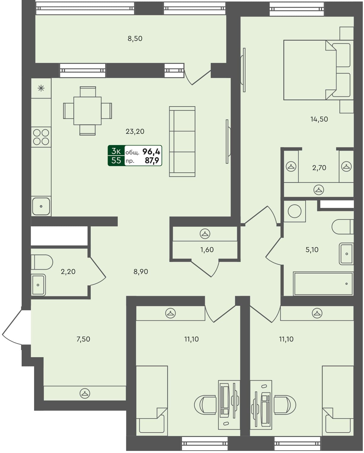 3-комн. квартира, 96.4 м², 4 из 7 этаж квартира