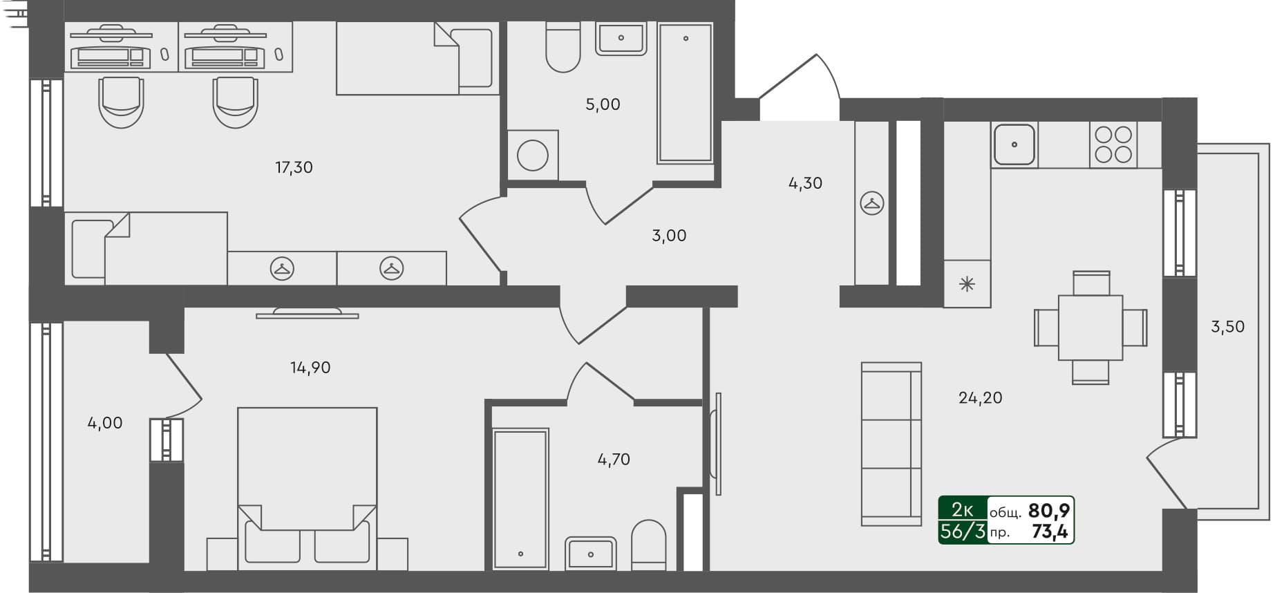 2-комн. квартира, 80.9 м², 5 из 7 этаж квартира