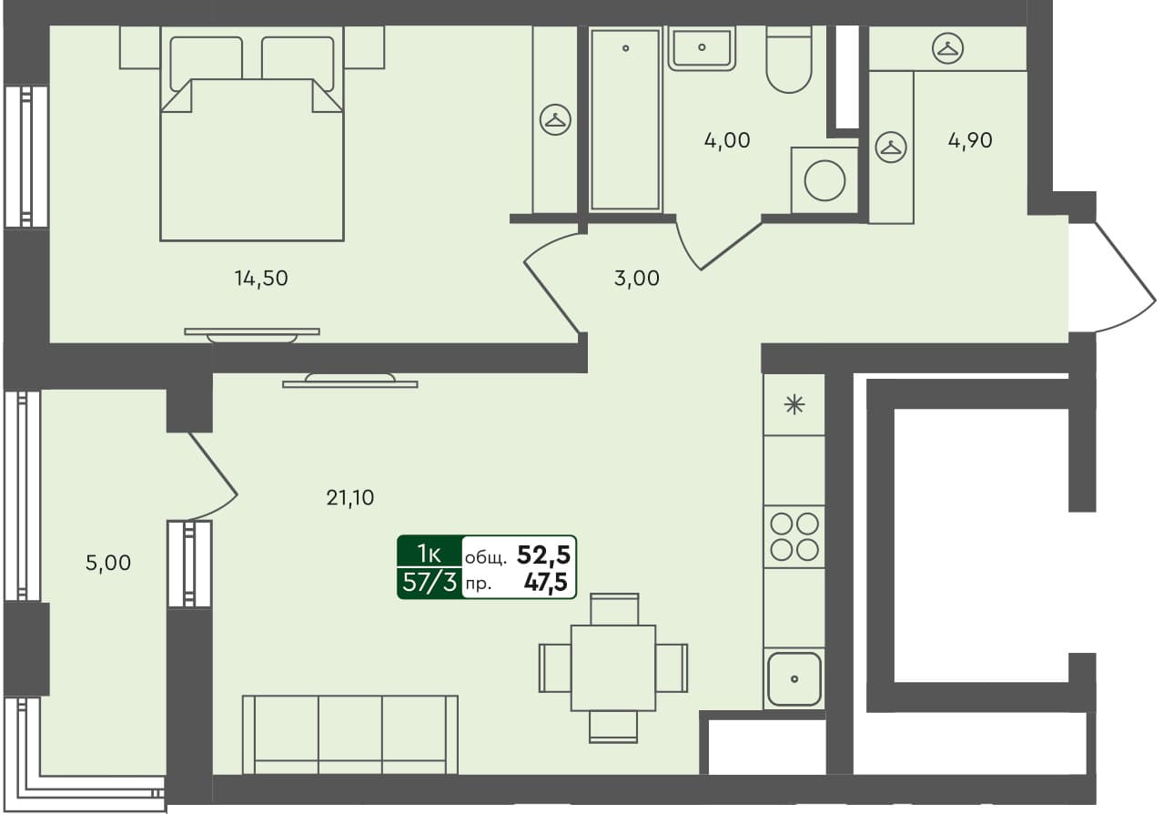 1-комн. квартира, 52.5 м², 5 из 7 этаж квартира