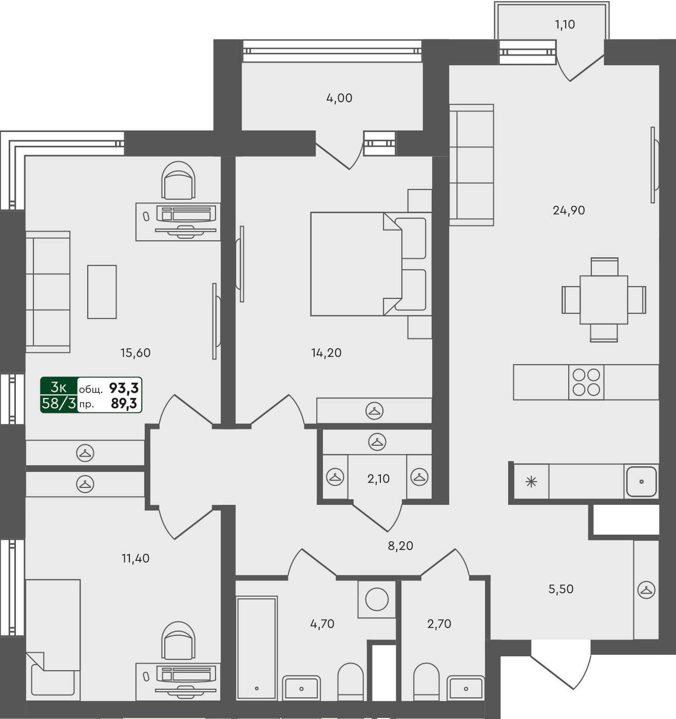 3-комн. квартира, 93.3 м², 5 из 7 этаж квартира