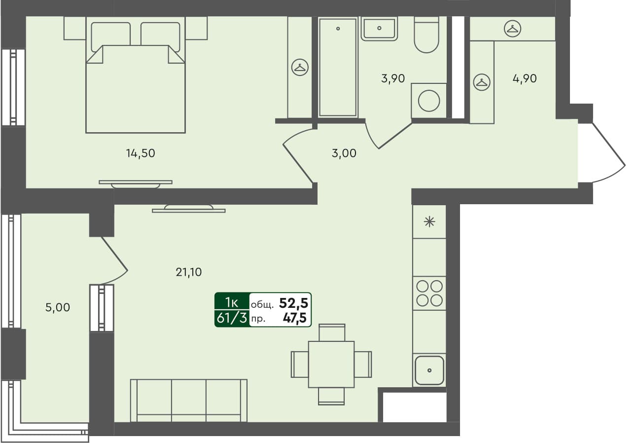 1-комн. квартира, 52.5 м², 6 из 7 этаж квартира