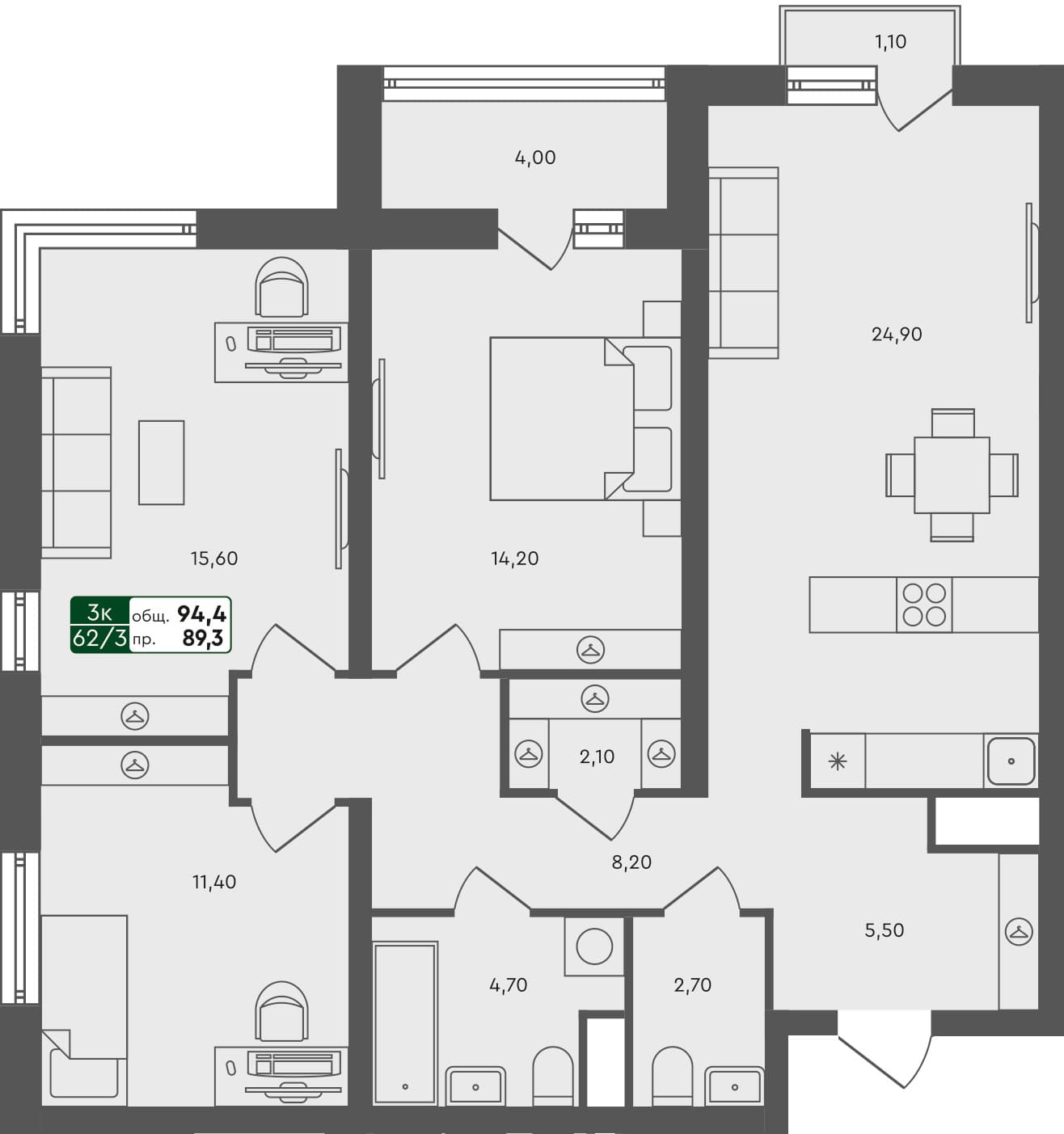 3-комн. квартира, 94.4 м², 6 из 7 этаж квартира