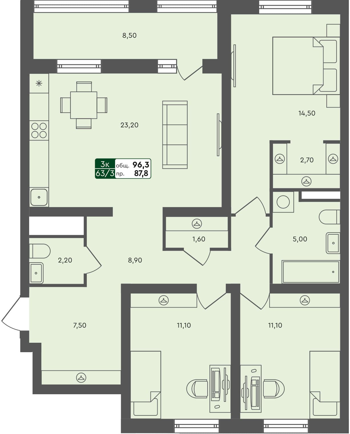 3-комн. квартира, 96.3 м², 6 из 7 этаж квартира