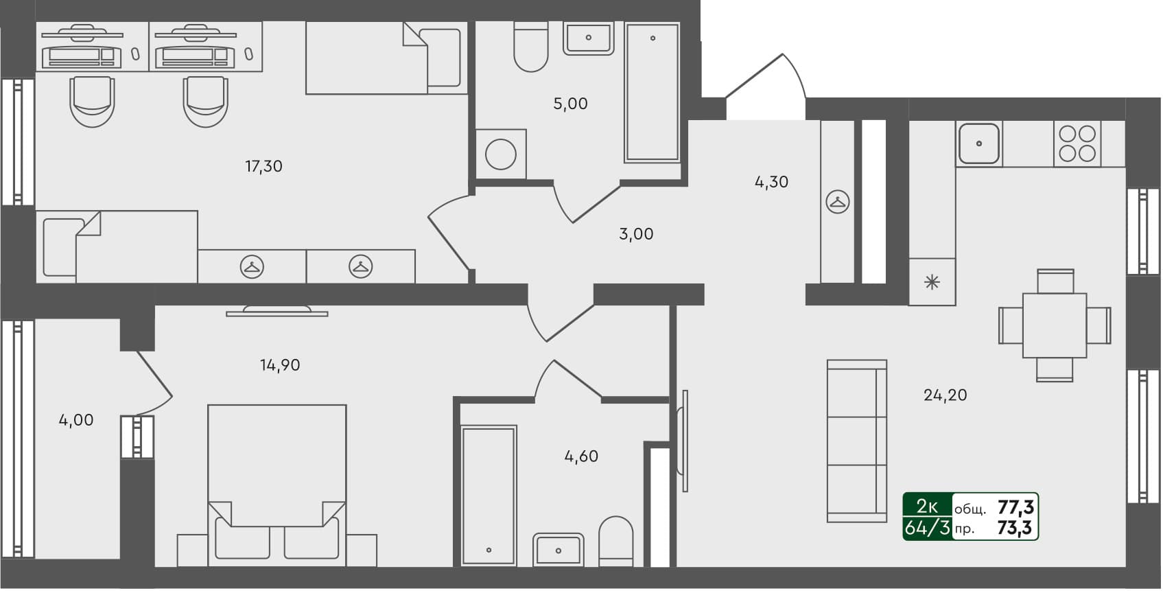 2-комн. квартира, 77.3 м², 7 из 7 этаж квартира