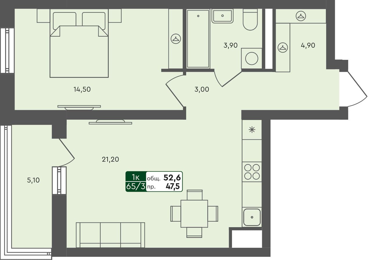 1-комн. квартира, 52.6 м², 7 из 7 этаж Планировка