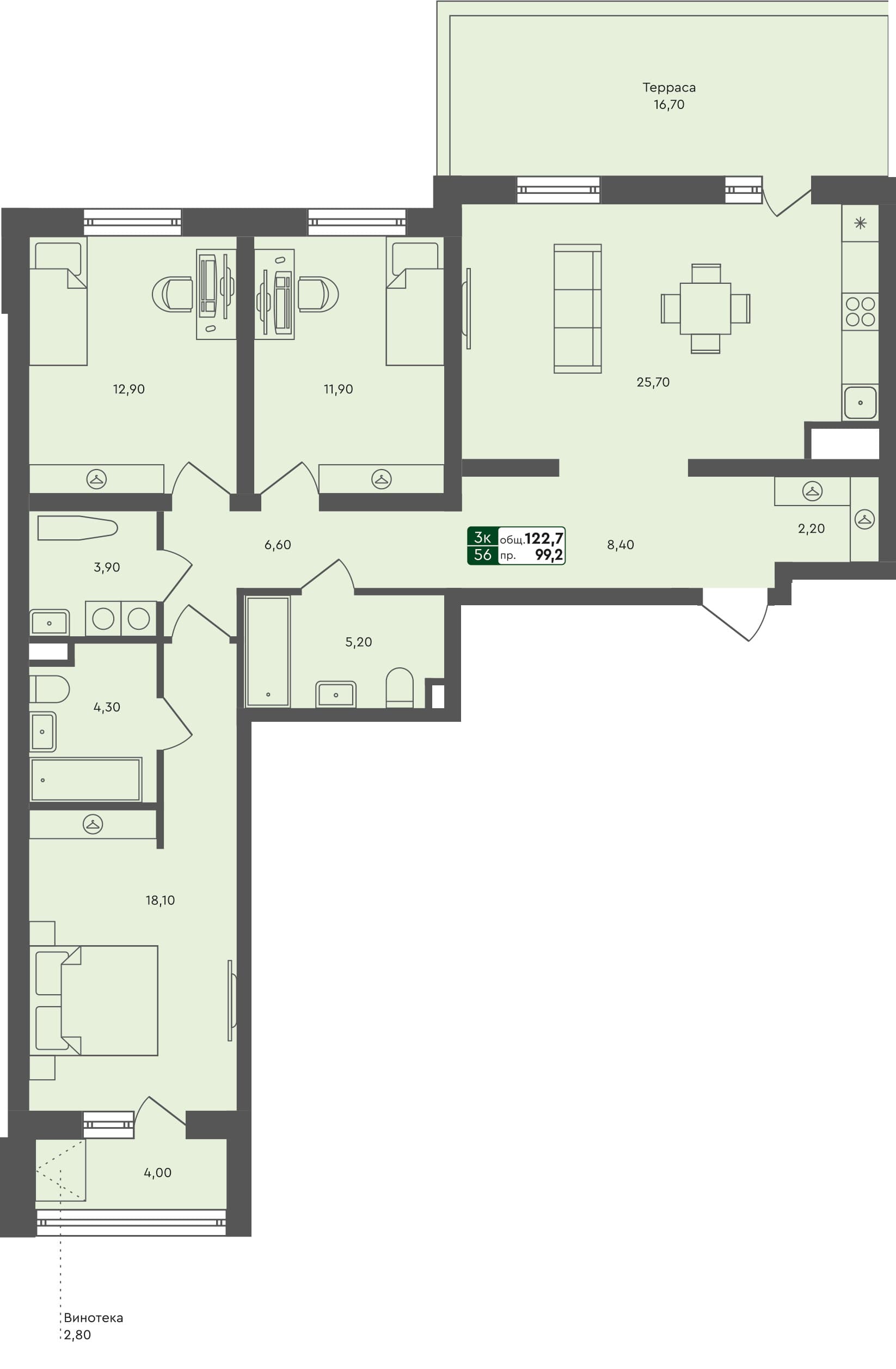 3-комн. квартира, 122.7 м², 1 из 3 этаж Планировка