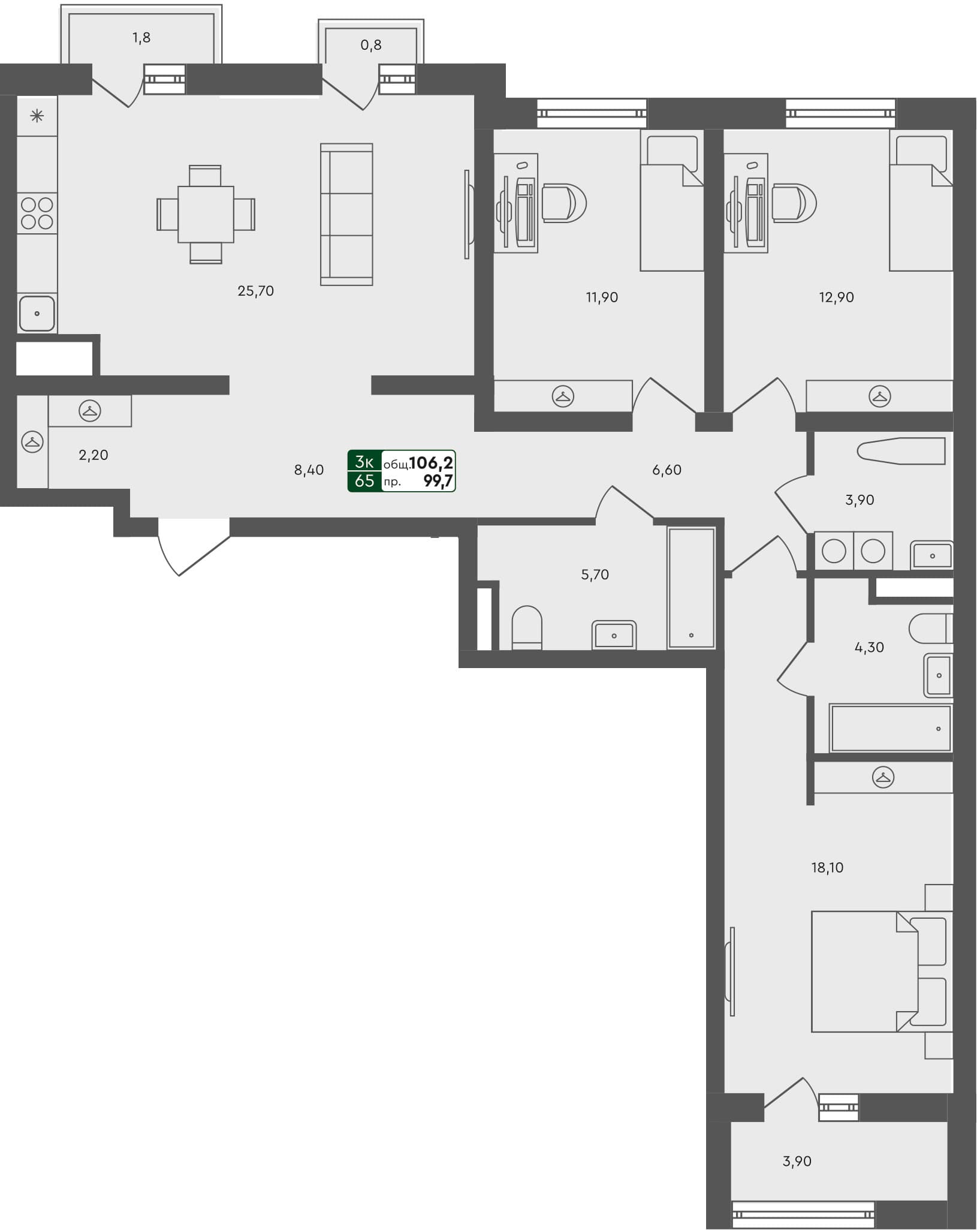 3-комн. квартира, 106.2 м², 3 из 7 этаж квартира