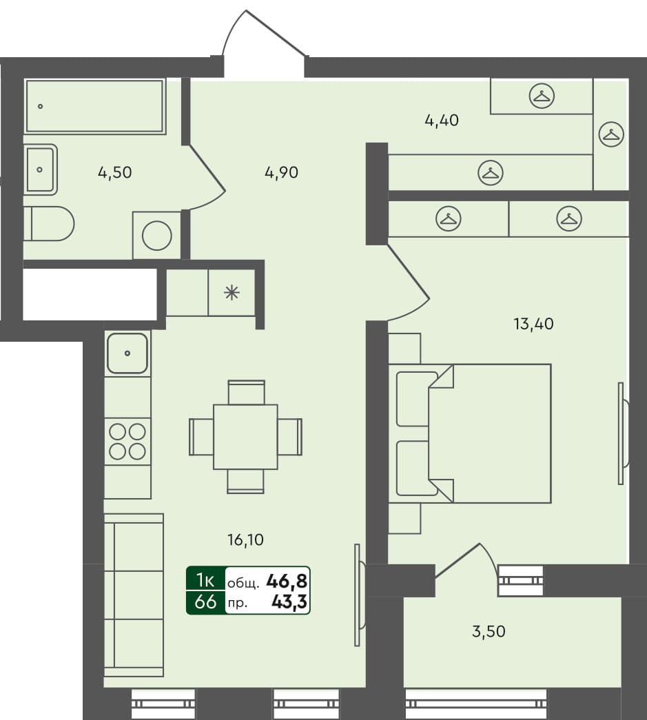 1-комн. квартира, 46.8 м², 3 из 7 этаж квартира