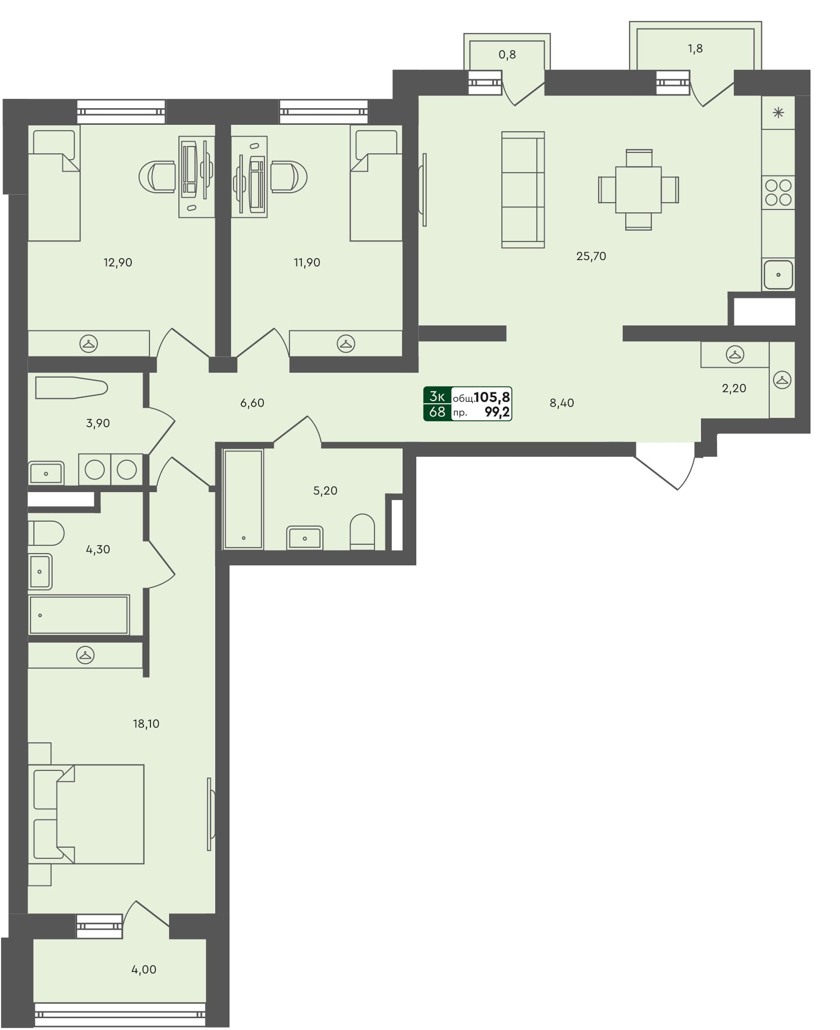 3-комн. квартира, 105.8 м², 4 из 7 этаж квартира