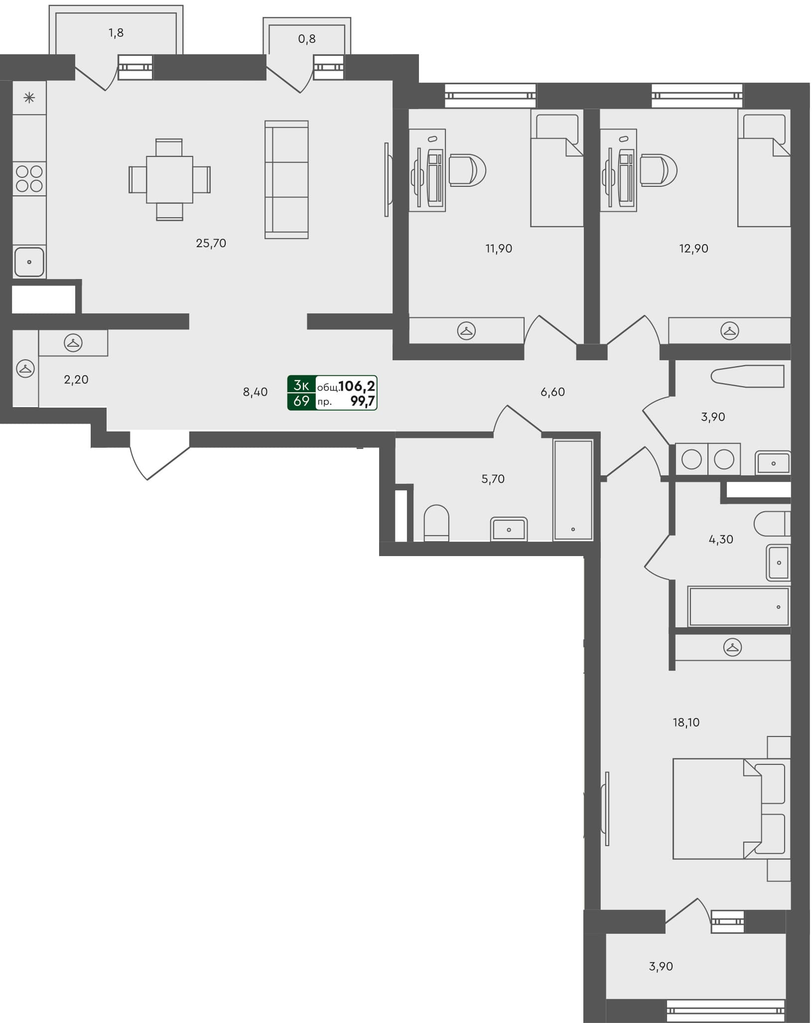 3-комн. квартира, 106.2 м², 4 из 7 этаж квартира
