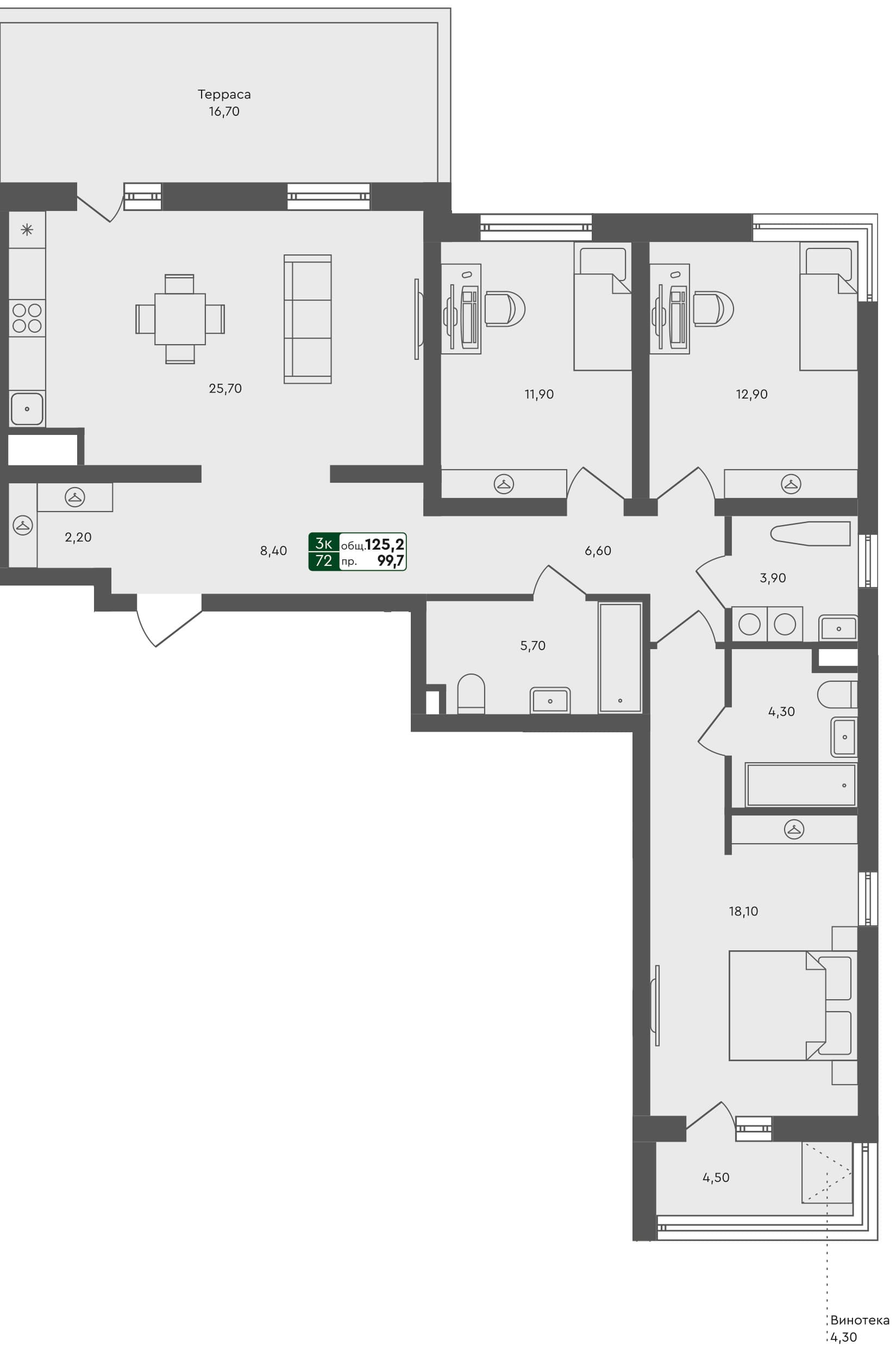 3-комн. квартира, 125.2 м², 1 из 3 этаж квартира
