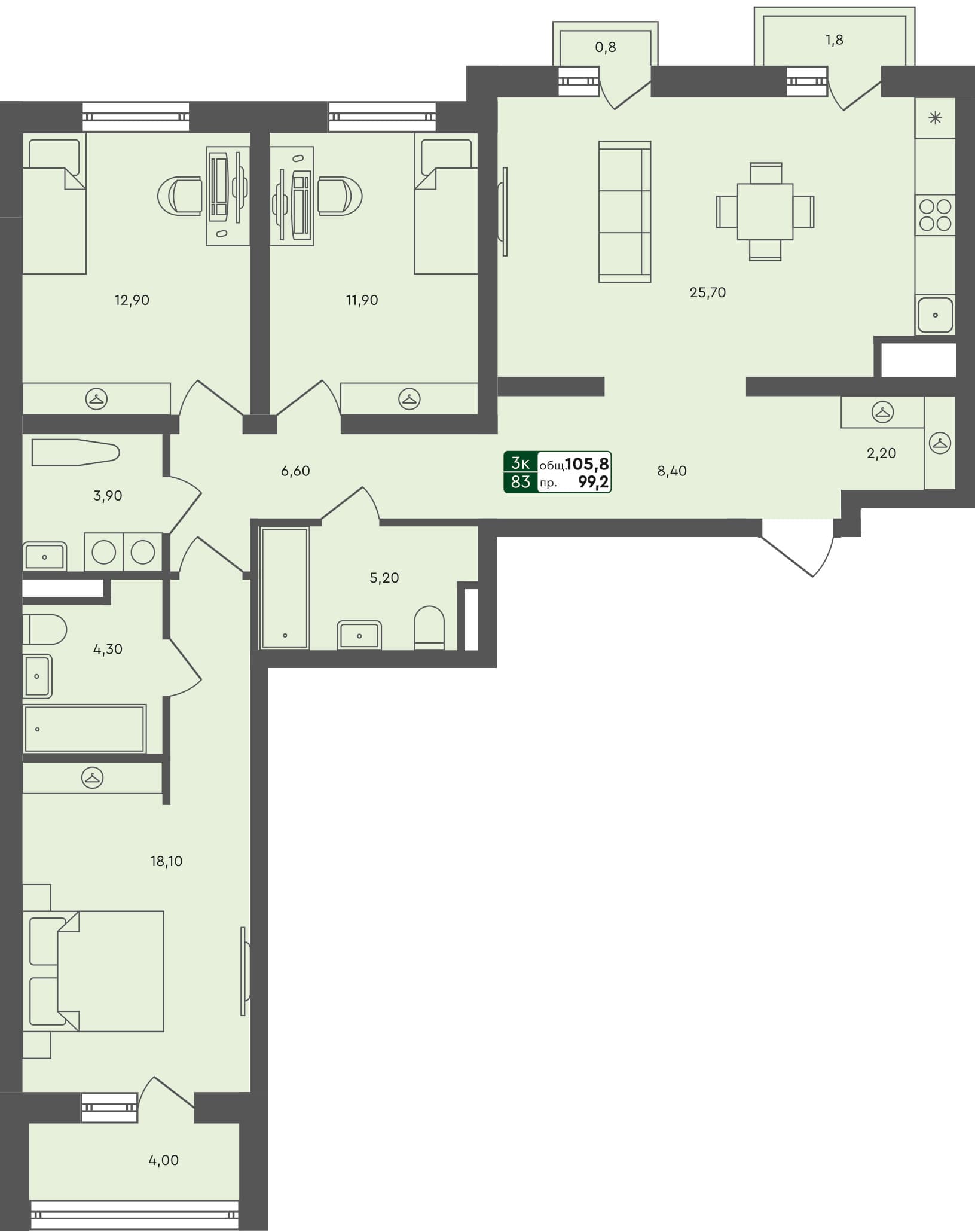 3-комн. квартира, 105.8 м², 4 из 7 этаж квартира