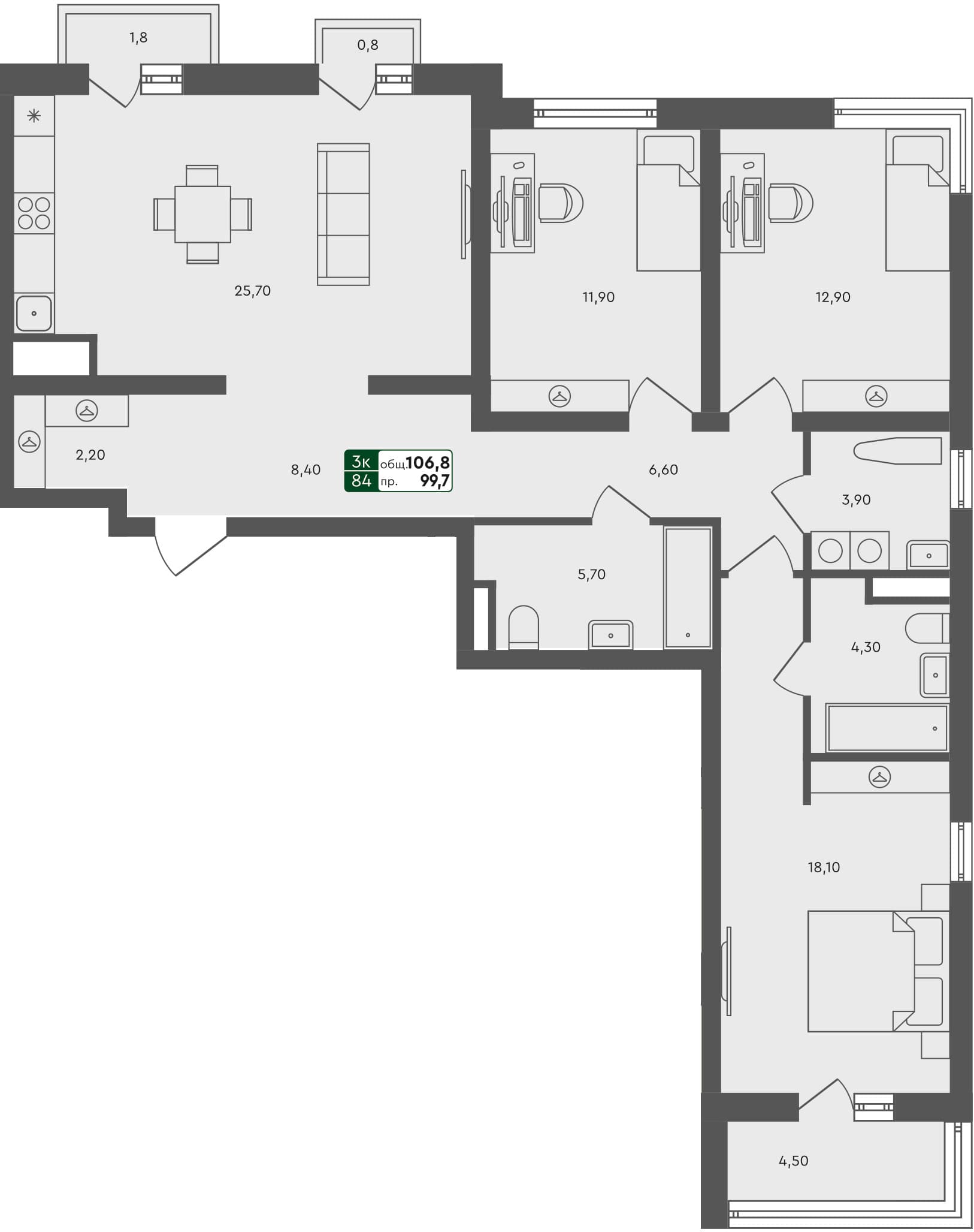 3-комн. квартира, 106.8 м², 4 из 7 этаж квартира