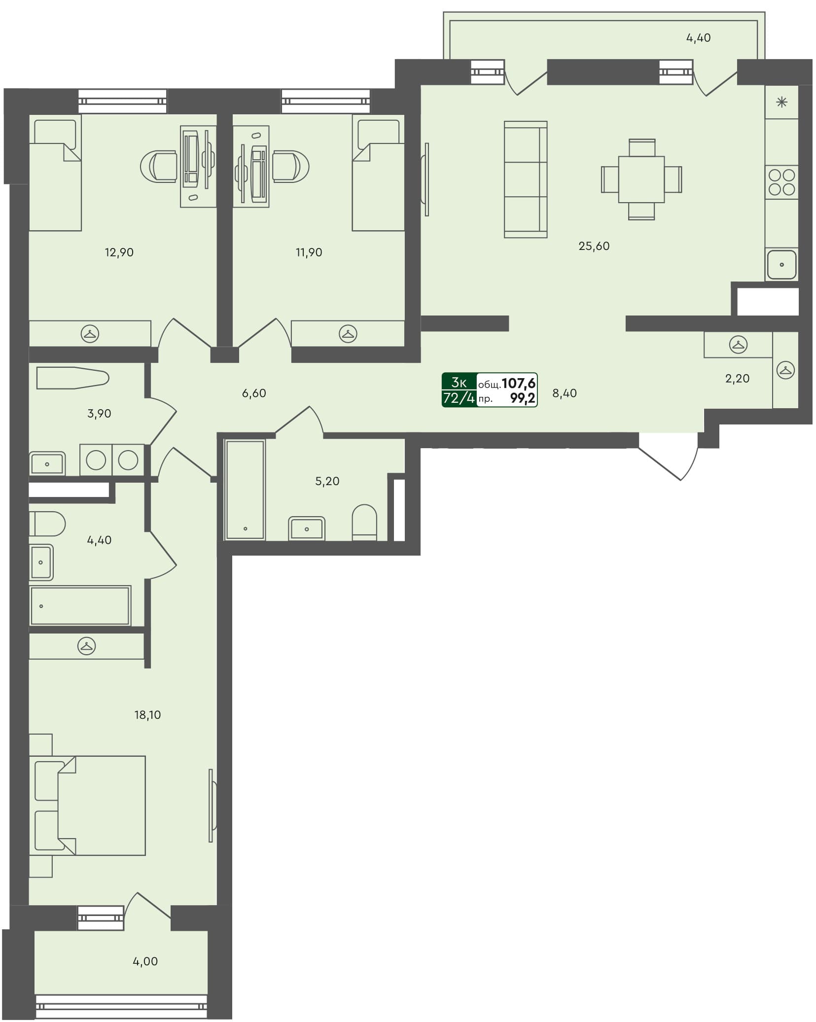 3-комн. квартира, 107.3 м², 5 из 7 этаж квартира