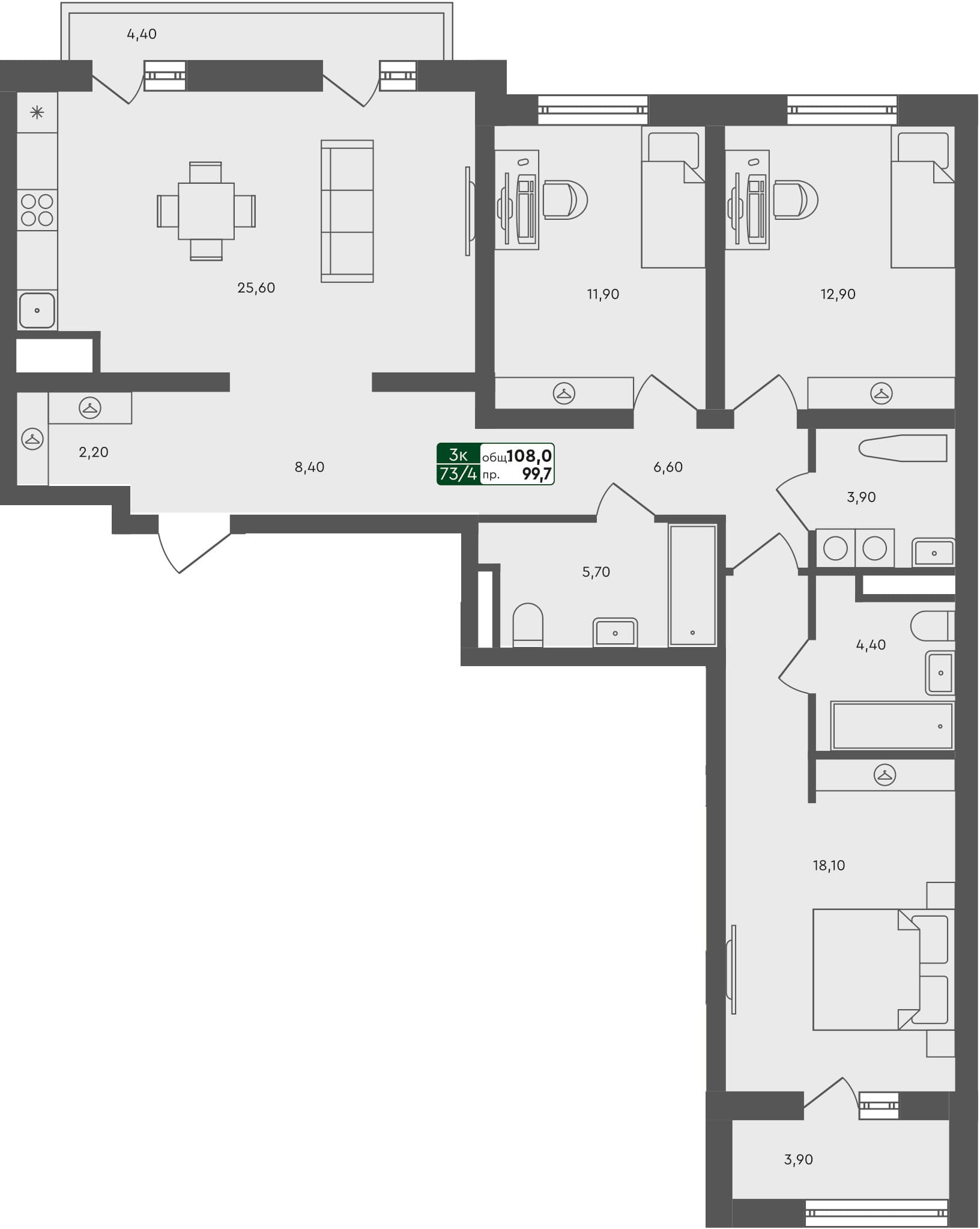 3-комн. квартира, 108.3 м², 5 из 7 этаж квартира
