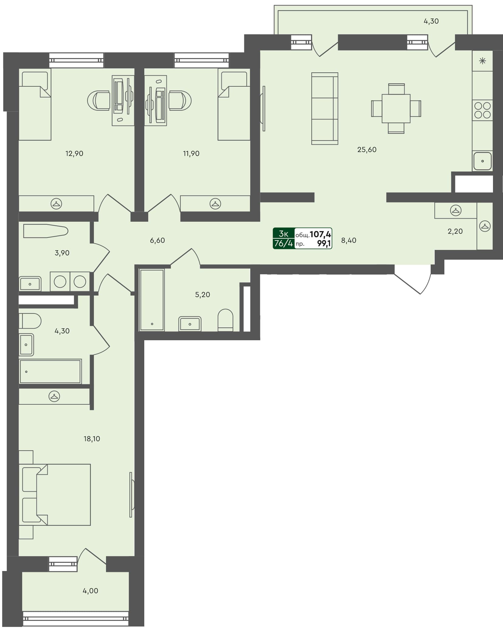 3-комн. квартира, 107.2 м², 6 из 7 этаж квартира