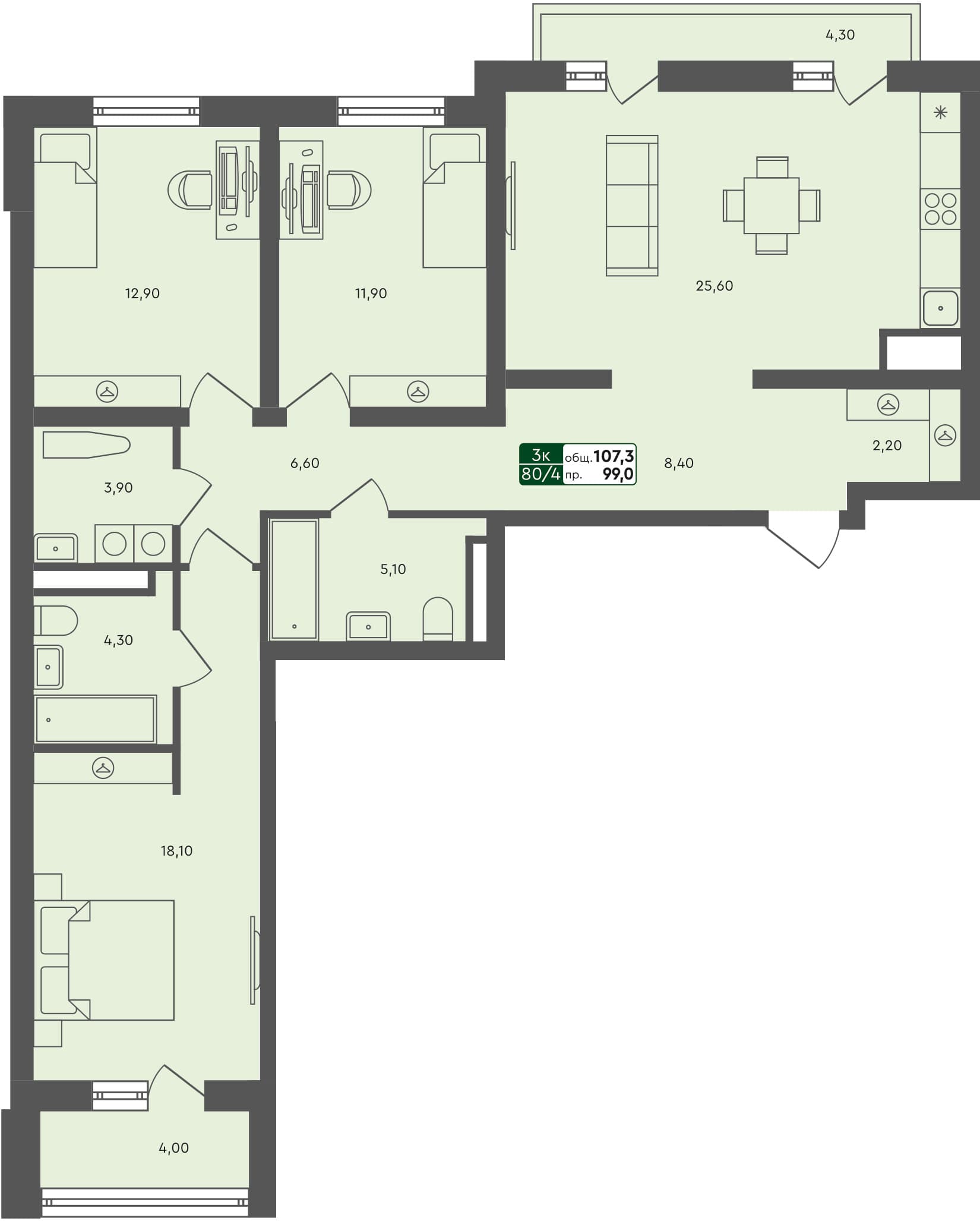 3-комн. квартира, 107.1 м², 7 из 7 этаж квартира