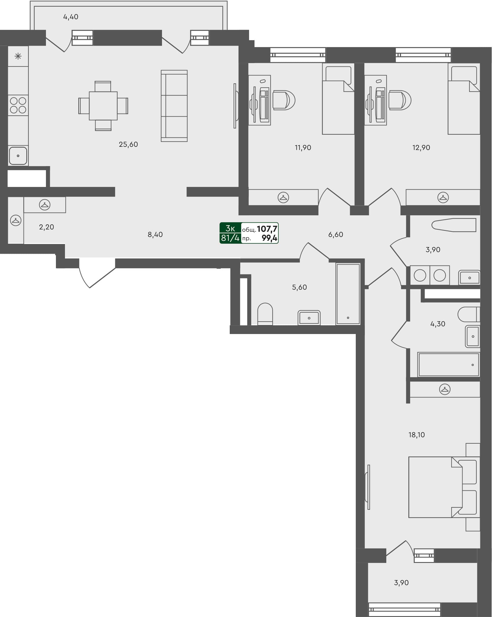 3-комн. квартира, 108 м², 7 из 7 этаж квартира