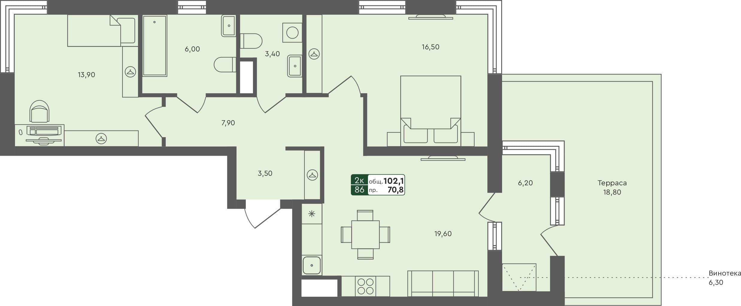 2-комн. квартира, 102.1 м², 1 из 3 этаж квартира