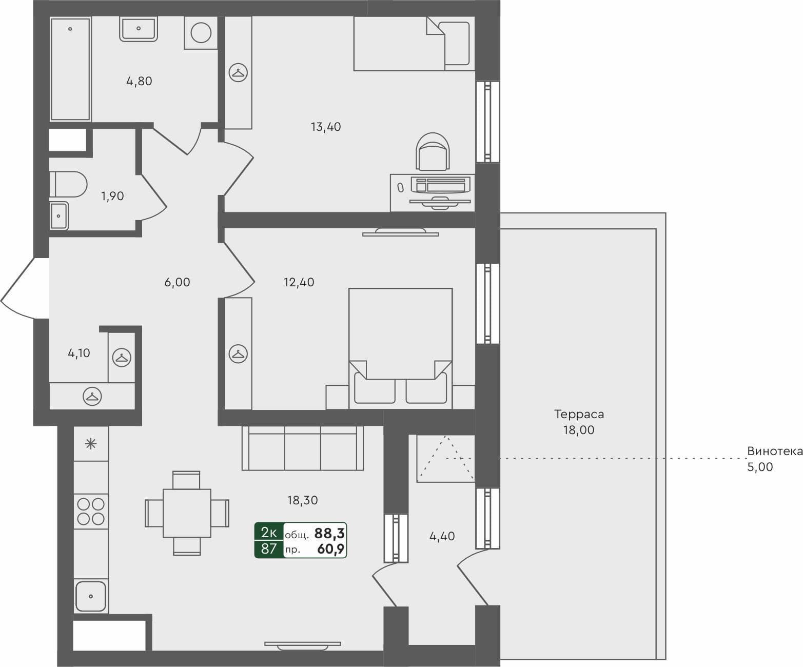 2-комн. квартира, 88.3 м², 1 из 7 этаж квартира