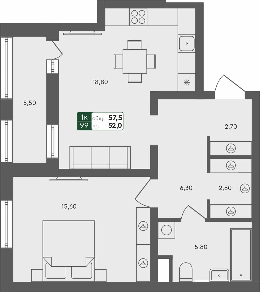 1-комн. квартира, 57.5 м², 3 из 7 этаж квартира