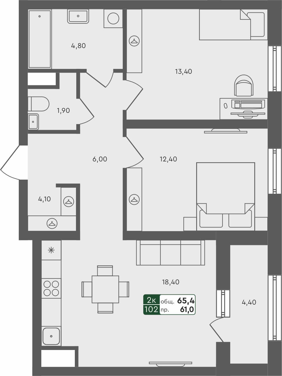 2-комн. квартира, 65.4 м², 4 из 7 этаж квартира