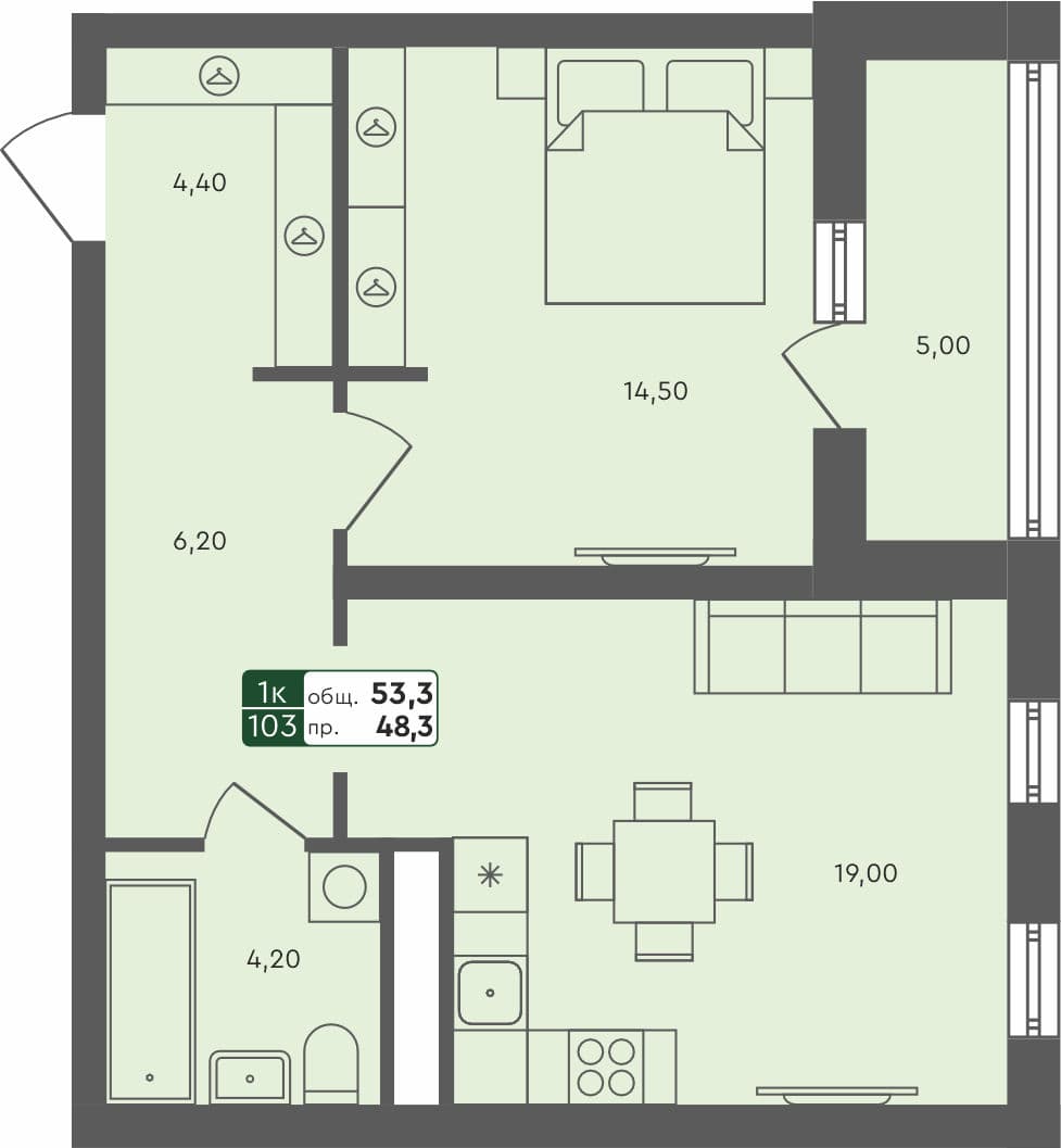 1-комн. квартира, 53.3 м², 4 из 7 этаж квартира
