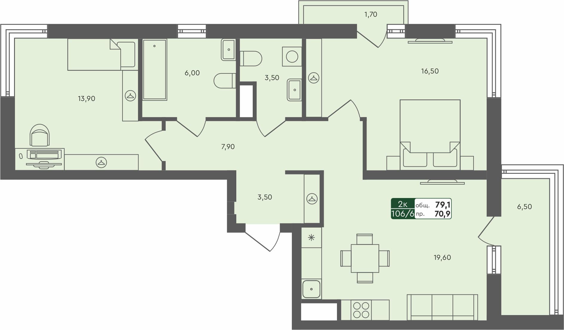 2-комн. квартира, 79.1 м², 5 из 7 этаж квартира