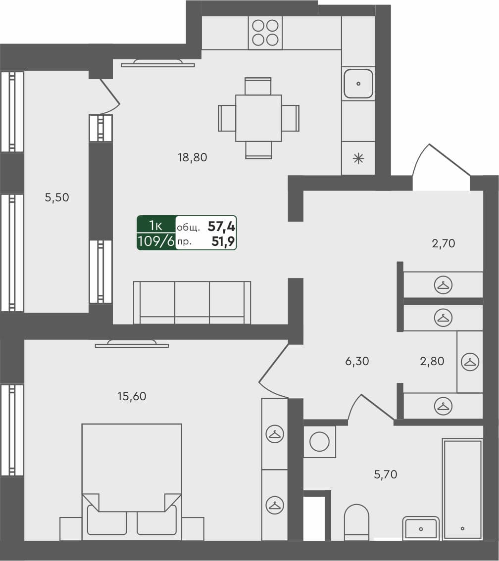 1-комн. квартира, 57.4 м², 5 из 7 этаж квартира