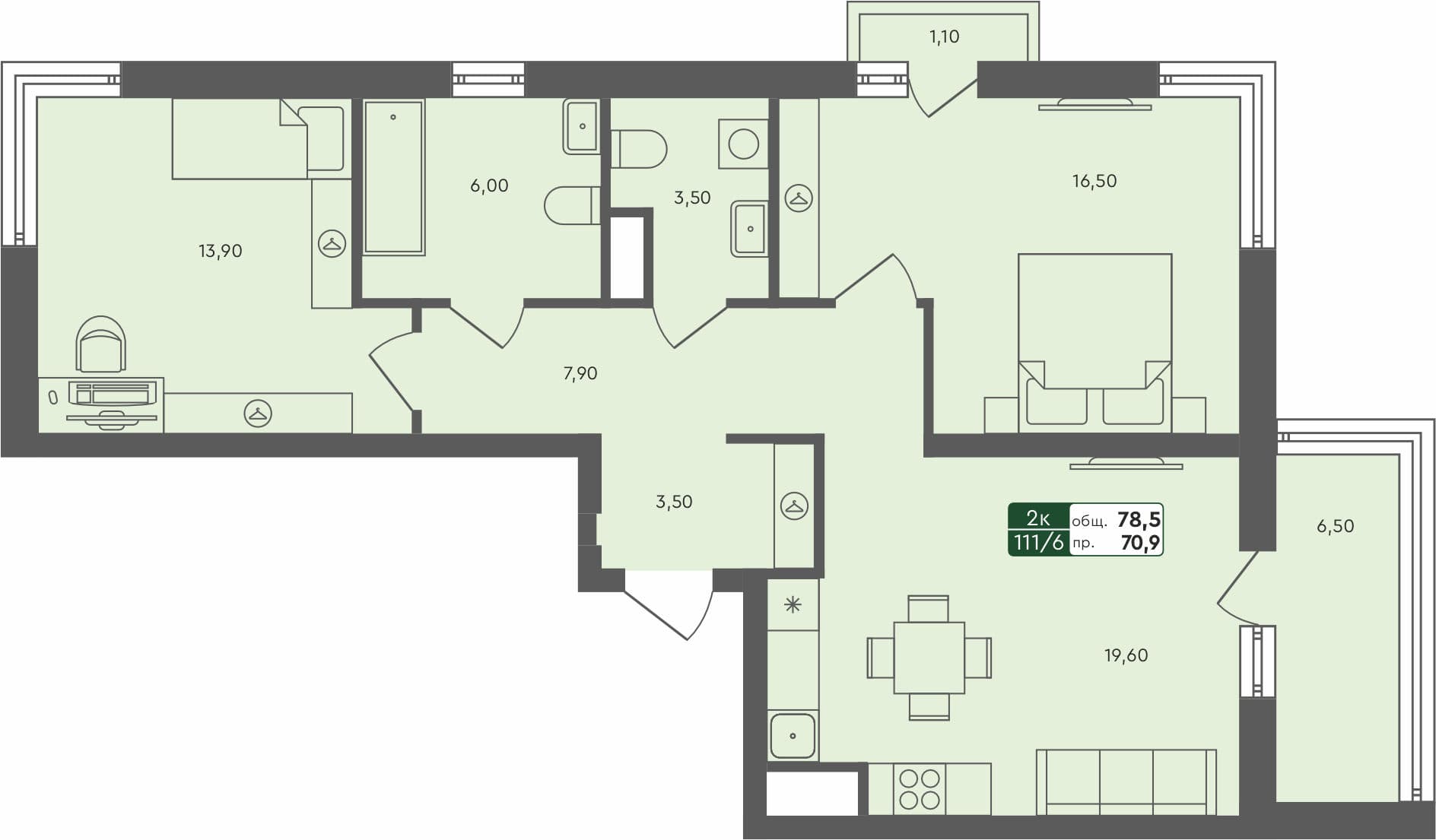 2-комн. квартира, 78.5 м², 6 из 7 этаж квартира