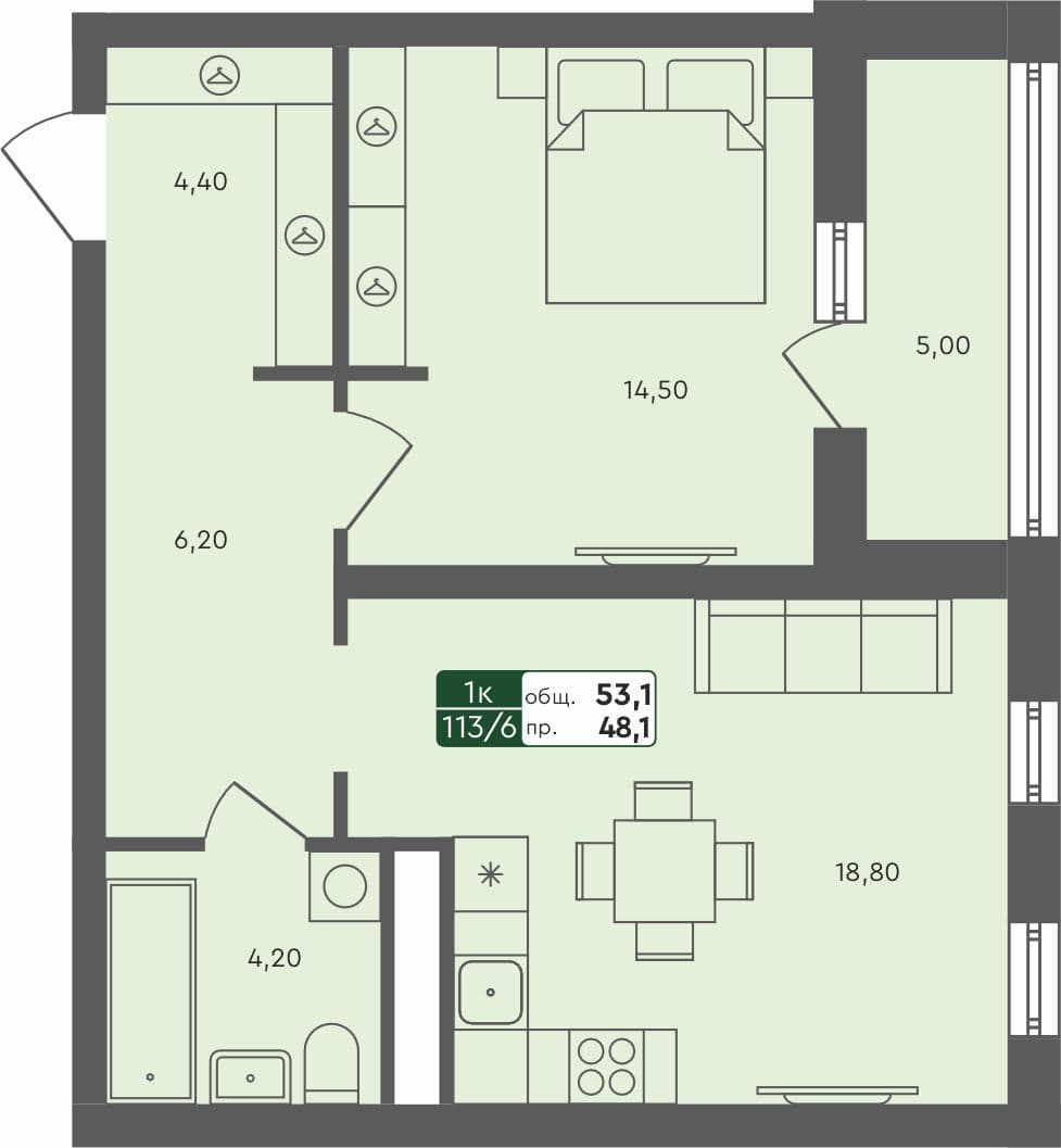 1-комн. квартира, 53.1 м², 6 из 7 этаж квартира