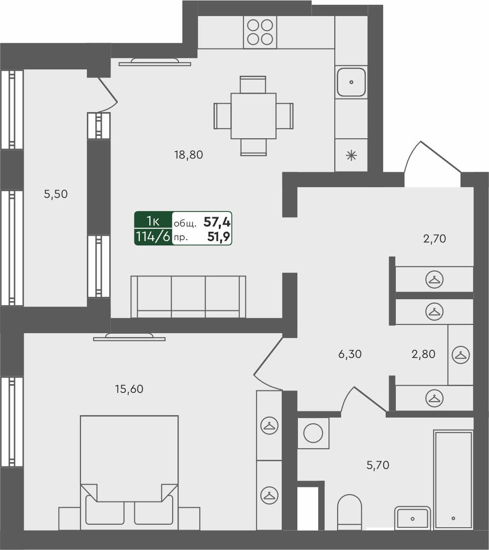 1-комн. квартира, 57.4 м², 6 из 7 этаж квартира